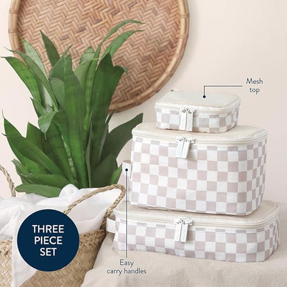 Itzy Ritzy Packing Cubes for Travel – Set of 3 Packing Cubes or Travel Organizers; Each Cube Features a Mesh Top, Double Zippers and a Fabric Handle (Checkerboard)