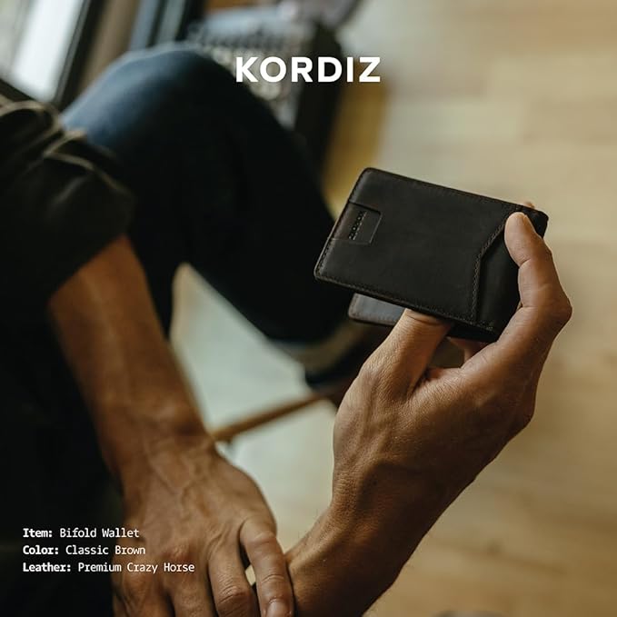 KORDIZ RFID Blocking Slim Bifold Wallet for Men – Premium Full-Grain Crazy Horse Leather Front Pocket Wallet with Money Clip, ID Window & Minimalist Design – Rustic Brown
