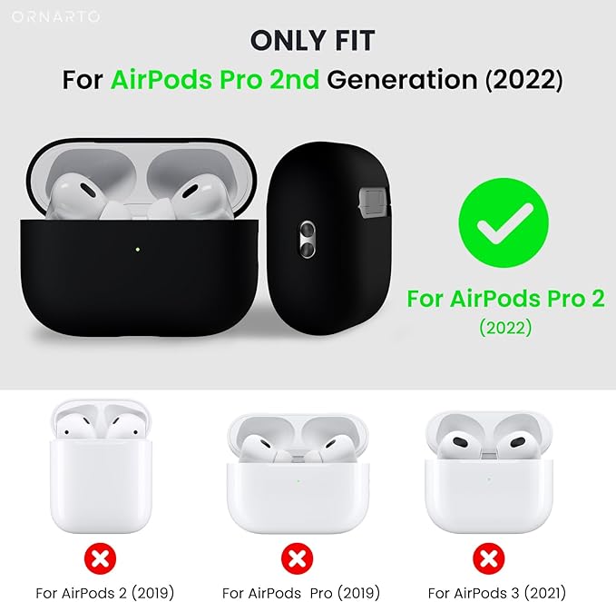 ORNARTO Compatible with AirPods Pro 2 Case 2022, Full Protective Hybrid Silicone for AirPods Pro 2nd Generation Case, Front LED Visible Skin Cover-Black
