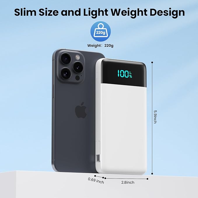 Portable Charger for iPhone with Built in Cables and Wall Plug,Upgraded 13800mAh Fast Charging USB C Power Bank,4 Outputs Travel Essential Battery Pack Compatible with iPhone 17/16/15,Samsung-White