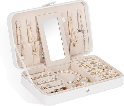 GUKA Travel Jewelry Case, Portable Jewelry Travel Organizer, PU Travel Jewelry Case Organizer for Rings Earrings Necklaces Bracelets Watch for Birthday Wedding Gifts. White