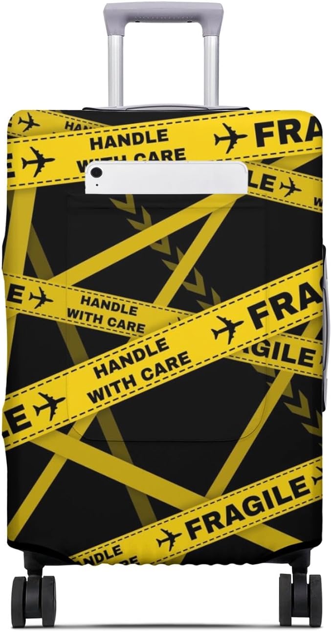 Gold Fragile Travel Luggage Cover, Travel-Themed Suitcase Protector Stretchable, Washable Travel Suitcase Cover (S for 18-20 Inch Luggage)