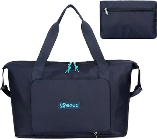 Expandable Travel Duffle Bag for Women Men, Lightweight Foldable Travel Tote Bags Gym Bag, Large Waterproof Carry On Weekender Overnight Bag with Wet Pocket for Workout, Fitness, Shopping Navy Blue
