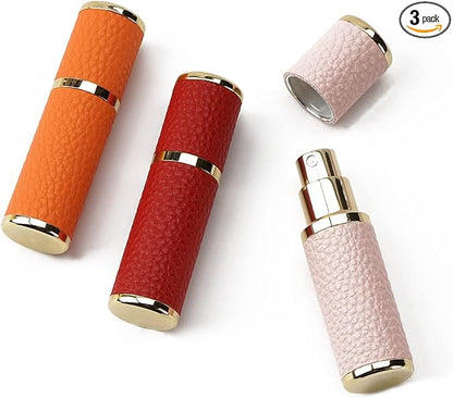 LUEXBOX 3 Pack Portable Perfume Bottle for Travel, Mini Refillable Perfume Dispenser, 5ml Faux Leather Leak Proof Perfume Atomizers Bottles Sprayer for Pocket Perfume (Red, Pink, Orange)