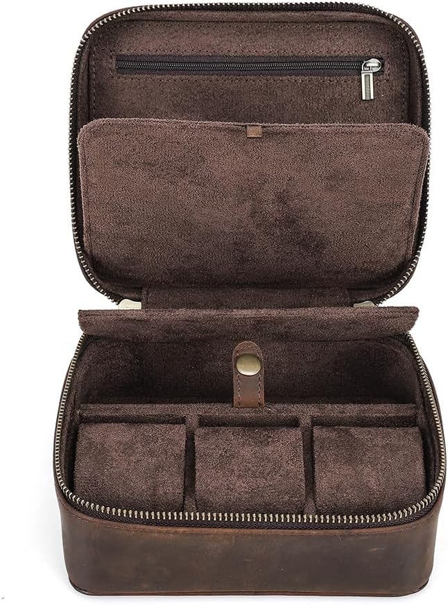 CONTACTS Watch Case Travel Sunglasses Holder for Men Full Grain Leather Jewelry Organizer for 3 Watches and Watch Straps or 1 Sunglasses