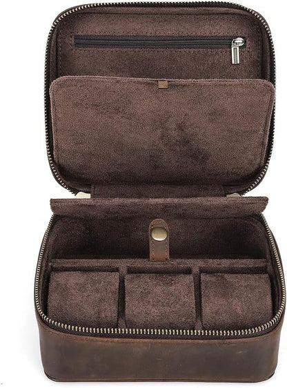 CONTACTS Watch Case Travel Sunglasses Holder for Men Full Grain Leather Jewelry Organizer for 3 Watches and Watch Straps or 1 Sunglasses