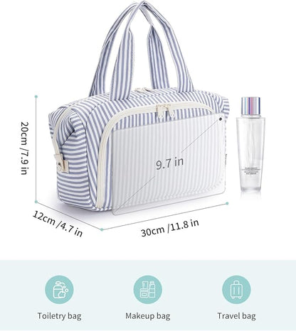 Narwey Travel Toiletry Bag, Wide-open Large Toiletry Bags for Traveling Women, Checkered Travel Bag for Toiletries Cosmetic Makeup Bag Organizer, Skincare Make Up Bag (Greyish Blue Stripe)