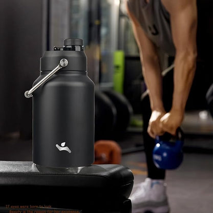Half Gallon Jug with Handle,64 oz Insulated Water Bottle with Carrying Pouch,Double Wall Vacuum Stainless Steel Metal Bottle,Black