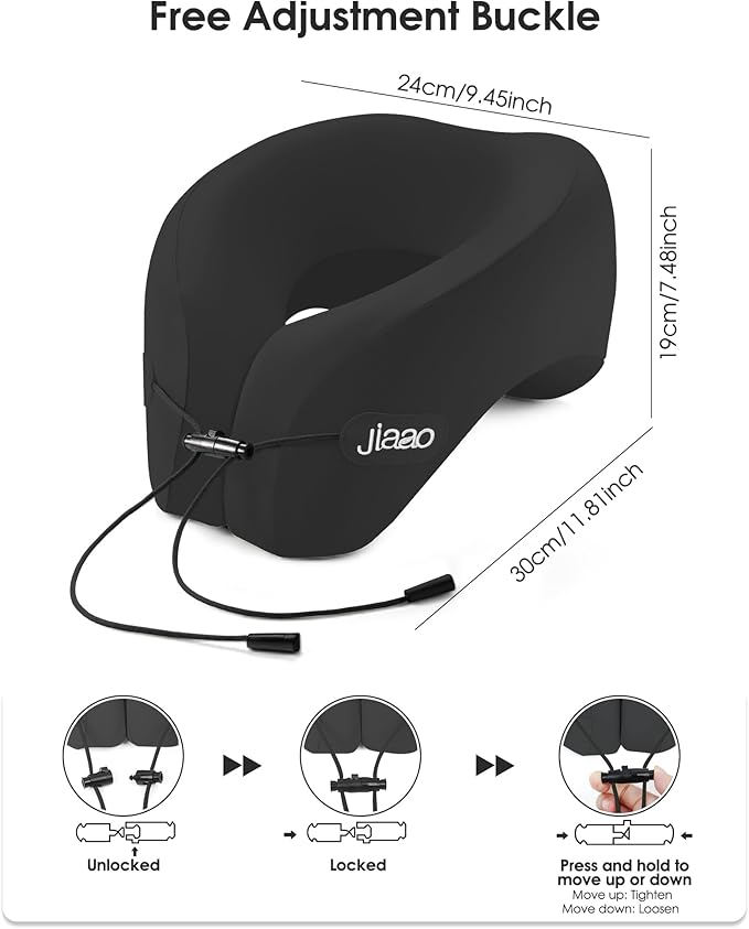 jiaao Memory Foam Travel Neck Pillow for Airplane- 360° Ergonomic Head and Neck Support for Flight, Car, Train, Bus - Soft Travel Pillow for Side & Back Sleepers with Travel Pouch（Black）