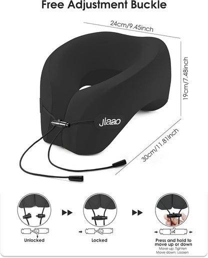 jiaao Memory Foam Travel Neck Pillow for Airplane- 360° Ergonomic Head and Neck Support for Flight, Car, Train, Bus - Soft Travel Pillow for Side & Back Sleepers with Travel Pouch（Black）
