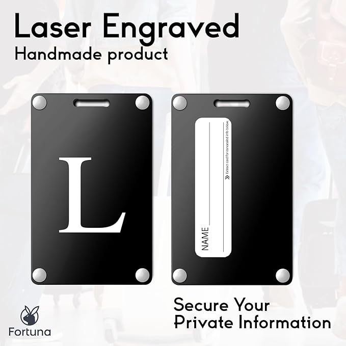 Premium 3-Layer Aluminum Luggage Tags by Fortuna - Easy to Claim, Laser-Engraved, Plastic-Free, and Eco-Friendly Luggage Tag Holders, 2-Pack, Black (L)