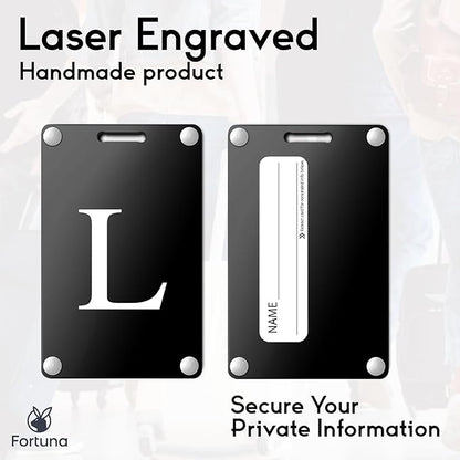 Premium 3-Layer Aluminum Luggage Tags by Fortuna - Easy to Claim, Laser-Engraved, Plastic-Free, and Eco-Friendly Luggage Tag Holders, 2-Pack, Black (L)