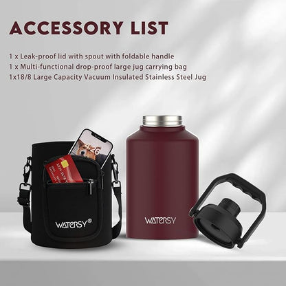 WATERSY Half Gallon Water Bottle Insulated(Cold for 48 Hrs),BPA Free&Leak Proof,64oz Stainless Steel Water Jug/Flask,Big thermo,Large Water Bottle with Handle for Gym,Hiking,Camping,Brick Red