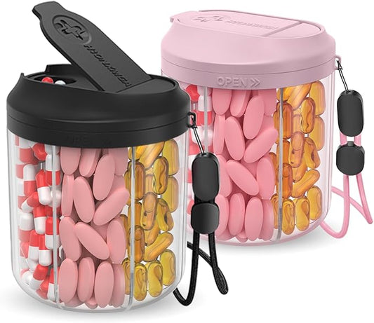 Pill Dispenser with 7 Large Compartments, 4.4" H x 3.6" Dia Pill Organizer for Travel, Supplement Organizer with Anti-Mixing Design, BPA-Free Pill Container with 20 Pcs Labels, Black+ Pink