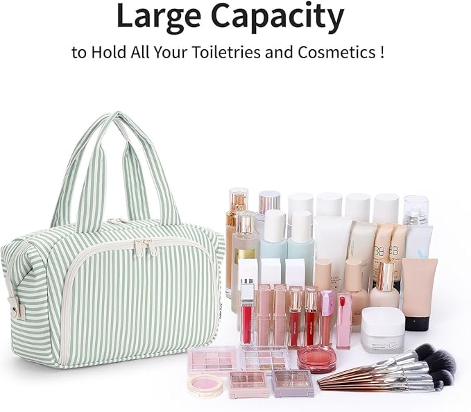 Narwey Travel Toiletry Bag, Wide-open Large Toiletry Bags for Traveling Women, Checkered Travel Bag for Toiletries Cosmetic Makeup Bag Organizer, Skincare Make Up Bag (Mint Green Stripe)