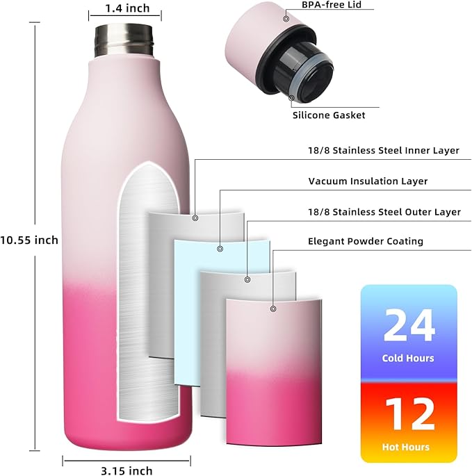 BJPKPK Insulated Water Bottles, 25 oz Stainless Steel Metal Water Bottle with Strap, BPA Free Leak Proof Jugs, Mugs, Flasks, Reusable Thermal Flasks for Sports & Travel, Cherry