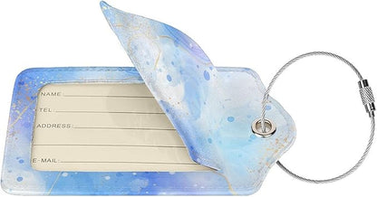 Light Blue Luggage Tags for Suitcases, 2 Pieces PU Leather Bag Tags with Full Back Privacy Cover Name ID Card Stainless Steel Loop, Blue and Gold Marble Baggage Tags for Women Girls Men Boys Travel