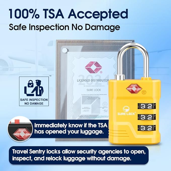 SURE LOCK TSA Locks for Luggage, TSA Approved Luggage Locks with Open Alert, 008 Key for High Security, Easy Read Dials, Zinc Alloy Body, Locker Lock for Suitcase, Gym, Travel(Yellow 4 pk)