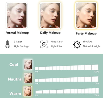 Travel Makeup Bag,with Mirror 3 Color Setting and Detachable 10x Magnifying Mirror Travel Makeup Bag,Portable Storage and Adjustable Dividers （light green）