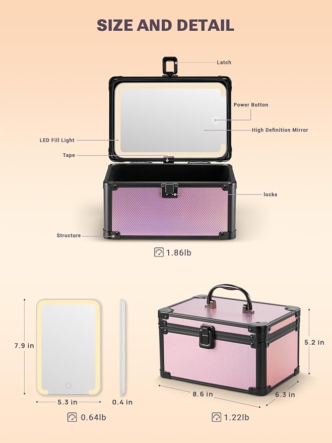 Qislee Makeup Box Mini with A Detachable Lighted Mirror, Waterproof Small Makeup Case,Cosmetic Organizer and Travel Train Case with Magnetic LED Mirror(Black Frame Iridescent Pink)