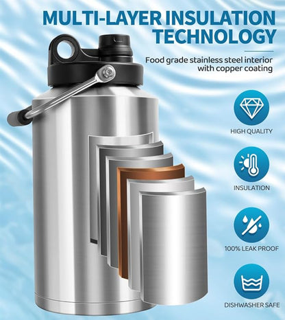 Insulated Water Bottle, 1 Gallon Jug with Handle, 128 oz Stainless Steel Large Water Bottle Wide Mouth Double Vacuum for Hot & Cold Drinks, Stainless Steel