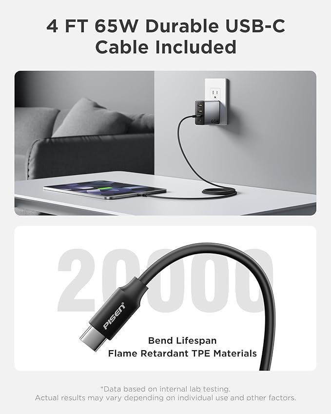 PISEN 65W USB C Charger - 4-Port GaN Fast Charging Block Type C Charger Fast Charging Wall Plugs with 4FT C to C Cable for MacBook Pro/Air, iPhone 16/15/14, iPad Pro, Galaxy S24, Pixel 8, Steam Deck