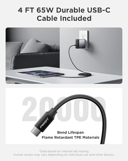 PISEN 65W USB C Charger - 4-Port GaN Fast Charging Block Type C Charger Fast Charging Wall Plugs with 4FT C to C Cable for MacBook Pro/Air, iPhone 16/15/14, iPad Pro, Galaxy S24, Pixel 8, Steam Deck