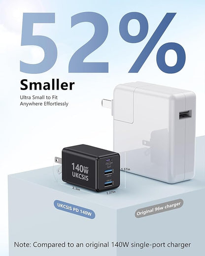 140W USB C Charger Block, Foldable 3-Port Multi-Device Fast Charger USB C Power Adapter for MacBook pro/Air, Dell, Samsung Galaxy, iPad Pro, and More (Black)