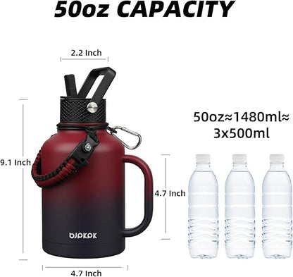 BJPKPK Large Insulated Water Bottles with Straw Lid & Handle, 50oz,64oz,87oz,128oz Water Bottle with 3 Lids and Paracord Strap,Stainless Steel Metal Water Bottle, nsulated Water Jug,Charming Red