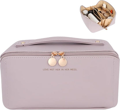 Travel Makeup Bag, Large Capacity Cosmetic Organizer Bags for Women, Waterproof PU Leather Toiletry Bags, Wide Open Flat Makeup Case with Divider and Handle