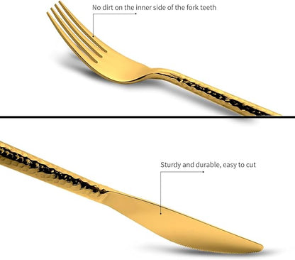18/10 Stainless Steel Flatware Set Hand Forged Silverware Set Cutlery Set Shiny Gold Round Hammered Handle Mirror Finished 20 Pieces Service for 4