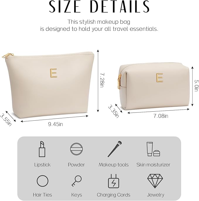 Women Gifts | Initial Makeup Bag Set for Girl Personalized Gifts for Bridesmaid Friend Graduation Teachers PU Leather Cosmetic Travel Toiletry Bag(Beige,E)