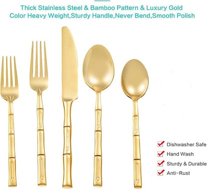 Silverware Set Gold Flatware Set Stainless Steel Bamboo Handle Cutlery Set Mirror Polished 60 Pieces for Home Kitchen Restaurant Hotel Wedding Housewarming Gift Service for 12