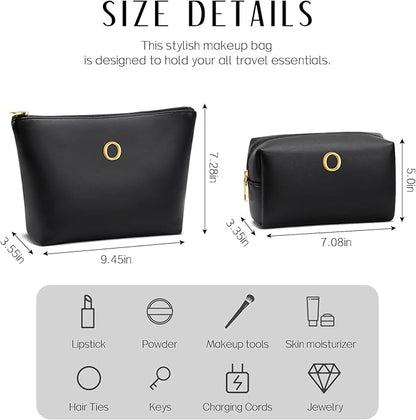 Women Gifts | Initial Makeup Bag Set for Girl Personalized Gifts for Bridesmaid Friend Graduation Teachers PU Leather Cosmetic Travel Toiletry Bag(Black,O)