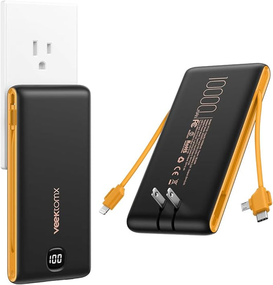 VEEKTOMX Portable Charger with Built in Cables 10000mAh, Power Bank for iPhone with Wall Plug, Travel Essential Fast Charging USB C Slim External Battery Pack for iPhone 17/16/15, Samsung, iPad, etc