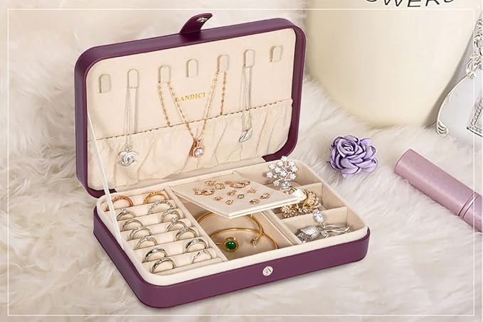 LANDICI Small Jewelry Box for Women Girls, PU Leather Travel Jewelry Case, Portable Jewelry Organizer Storage Holder Display for Ring Earrings Necklace Bracelet Bangle Men Kids Gift, Purple