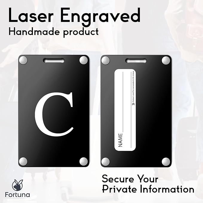 Premium 3-Layer Aluminum Luggage Tags by Fortuna - Easy to Claim, Laser-Engraved, Plastic-Free, and Eco-Friendly Luggage Tag Holders, 2-Pack, Black (C)