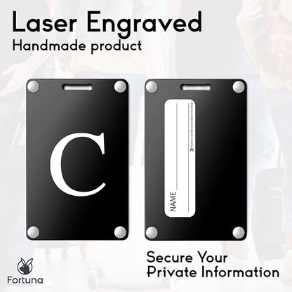 Premium 3-Layer Aluminum Luggage Tags by Fortuna - Easy to Claim, Laser-Engraved, Plastic-Free, and Eco-Friendly Luggage Tag Holders, 2-Pack, Black (C)