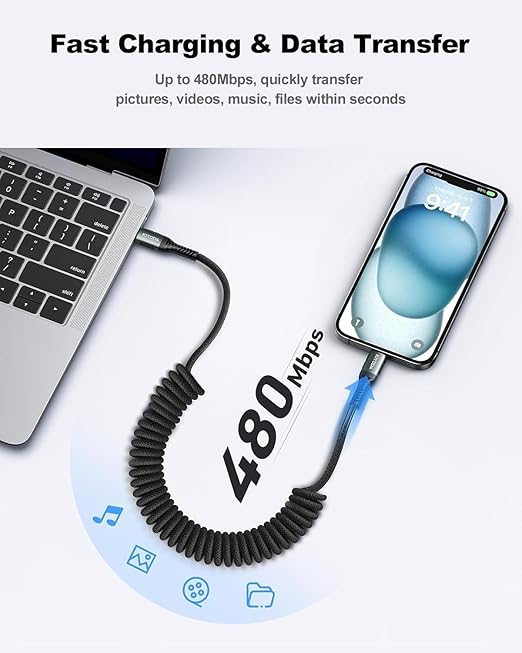 USB C to USB C Cable Coiled 6FT 2Pack, Braided Type C Charger for Car 66W Fast Charging Cord Compatible with iPhone 17 16 15, iPad, Samsung Galaxy, Google Pixel, Moto, LG, TCL Phones