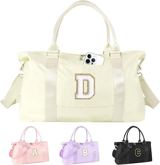 Dance Gym Duffel Bag for Teen Girls, Personalized Initial Travel Weekender Bag,Cute Overnight Carry On Duffle for Women,Sports Travel Cheer Bag,Monogram Christmas Gifts for Tween Preppy(beige-D)