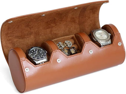 PU Leather Watch and Cufflink Travel Case - 2 Watch and Cufflink Organizer Set, Portable Storage Box for Men Gift
