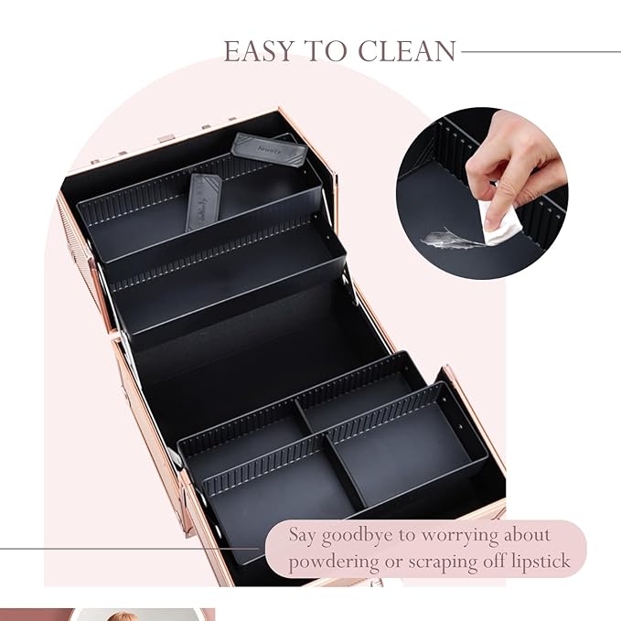 FRENESSA Makeup Train Case Makeup Case Travel Cosmetic Box Organizer Portable Make Up Box with Dividers Lockable for Artist Nail Sewing Vanity Storage Makeup Travel Case Rose Gold