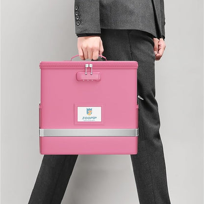 Fireproof File Box with Lock, Document Box Storage Organizer, Suitable for Hanging File Folders in Letter Size, Collapsible File Box, Reflective Strip for Fast Find (12.2"*6"*10.2, Pink)