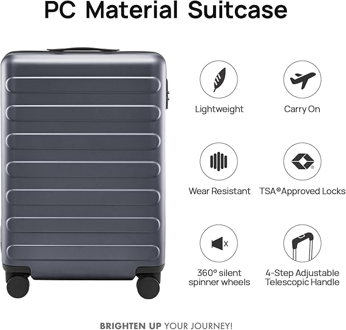 NINETYGO Carry On Luggage 22x14x9 Airline Approved, 20 Inch Luggage with Smooth Spinner Wheels, Lightweight, Hard Shell PC Suitcase Carry-On, Travel Luggage, TSA Approved (Grey, Rhine Basic)