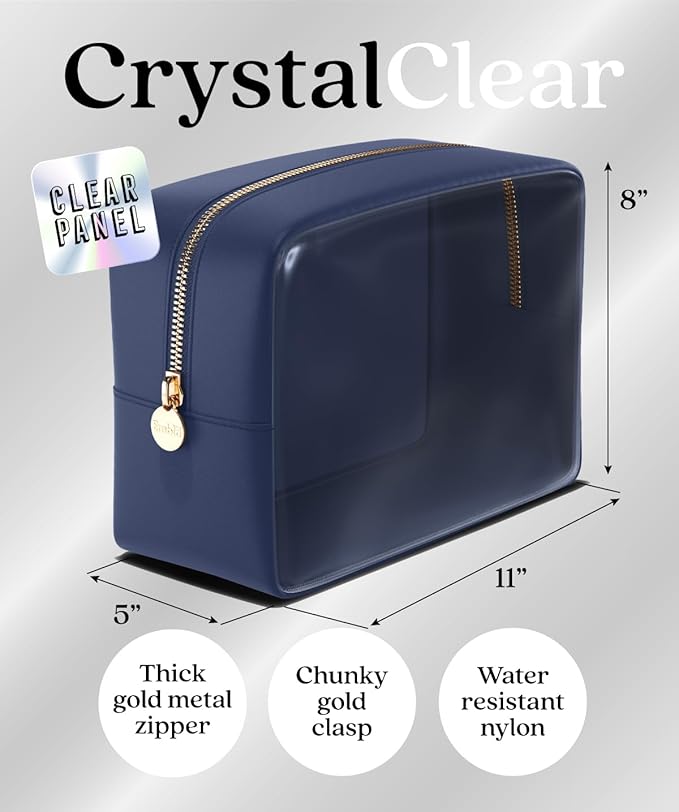 Embla London Makeup Bag Cosmetic Case, Clear Zipper Make Up Pouch and Toiletry Travel Tote, Cute Skincare Pouches for Women Girls, Preppy Purse Cosmetic Organizer, Large Makeup Bags, Sapphire