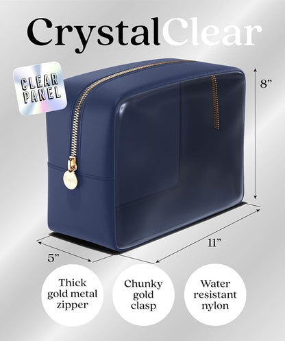 Embla London Makeup Bag Cosmetic Case, Clear Zipper Make Up Pouch and Toiletry Travel Tote, Cute Skincare Pouches for Women Girls, Preppy Purse Cosmetic Organizer, Large Makeup Bags, Sapphire