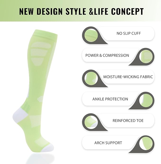 fenglaoda Compression Socks Women Men 6 Pairs, Knee High Best Support Circulation Socks for Running, Travel, Flight, Nurse