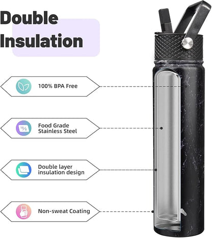 Insulated Water Bottle 24oz Stainless Steel Sport Bottles with 3 Lids,Marble Midnight