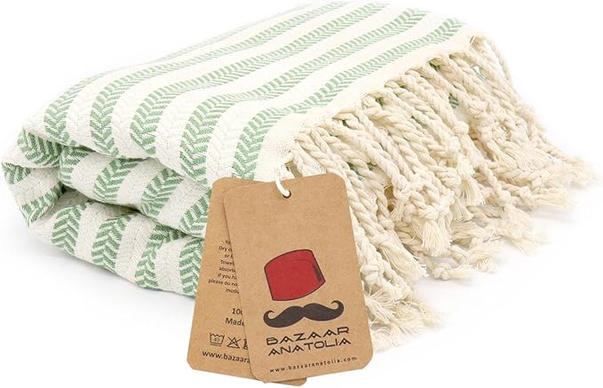 Bazaar Anatolia Turkish Beach Towel – 100% Cotton, Quick Dry, Sand Free Striped Towel for Bathroom and Travel, Sage Olive Color – Oversized 71x39 Inches – Arpa Green