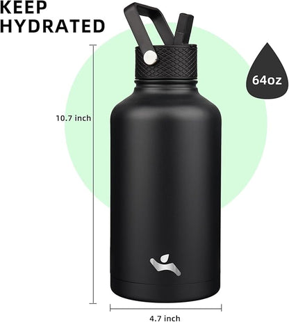 Half Gallon Insulated Water Bottle with Straw,64 oz 3 Lids Water Jug with Carrying Bag,Paracord Handle,Double Wall Vacuum Stainless Steel Metal Flask,Black
